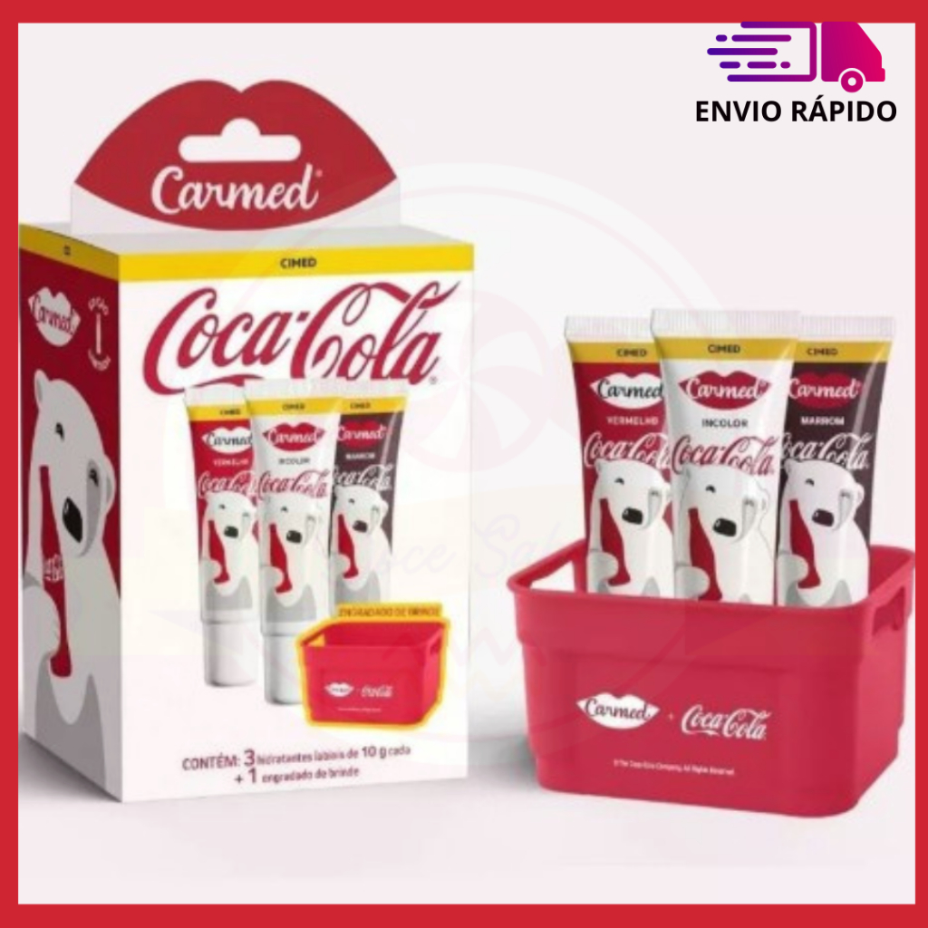 Kit Hidratante Labial Carmed Coca-Cola 3 unidades sortidas 10g + Engradado Edição Especial Limitada Lançamento Maquiagem