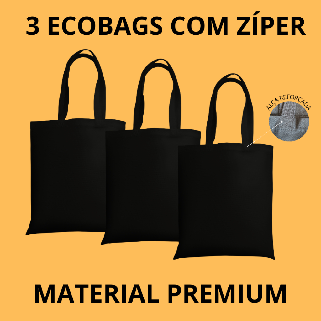 Kit 3 Ecobag Bolsa Sacola Lisa com ziper material premium preta em Oferta na Shopee