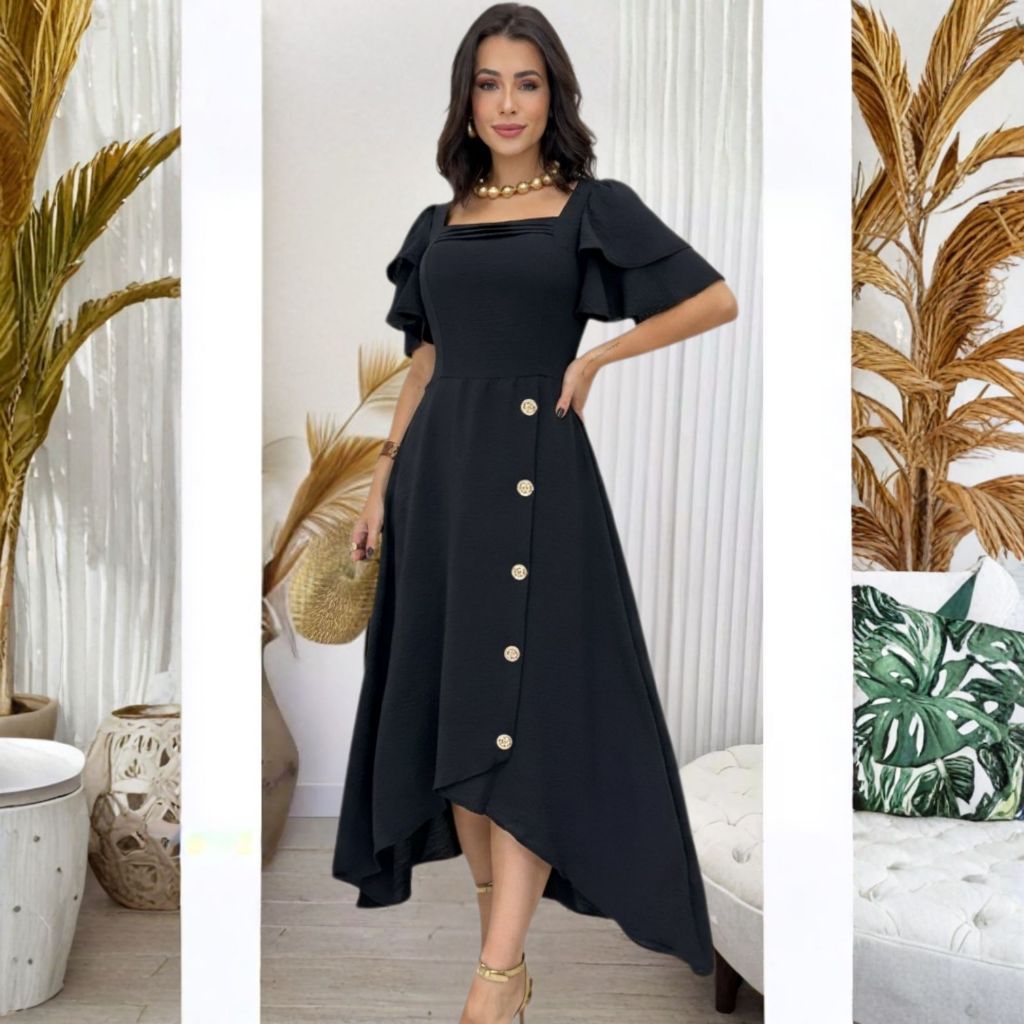 Vestido Midi Romântico Decote Quadrado Elegante Festas