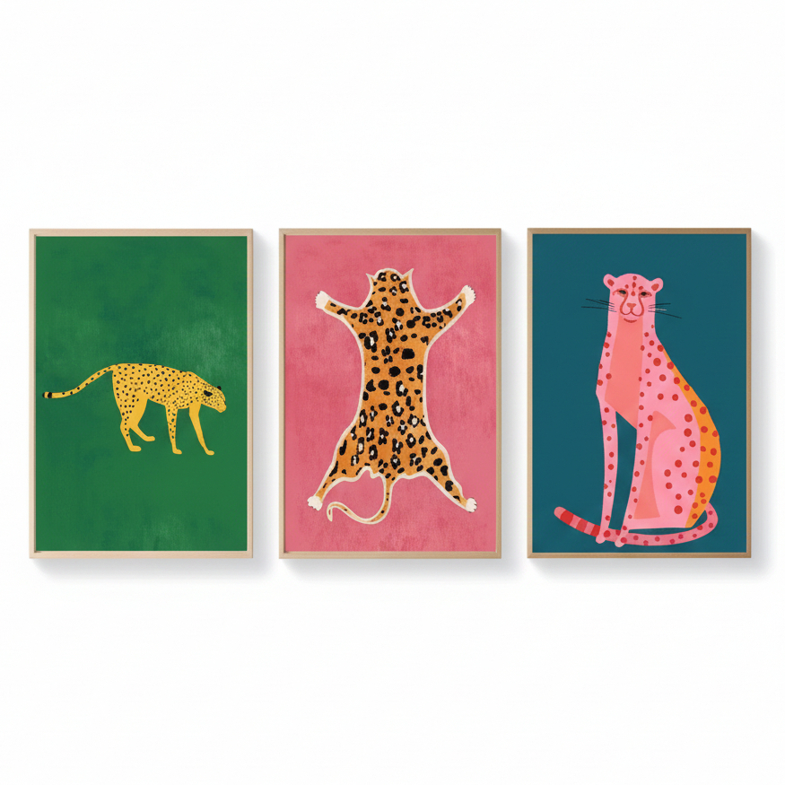 Quadros decorativos Modern Cheetah Cats Animais, Boho Art, Preppy Safari Woodland (3 peças)