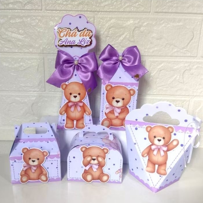 kit clássico de caixinhas personalizada para lembrancinhas  festa de aniversário, tema Ursinha lilás, leia a descrição.