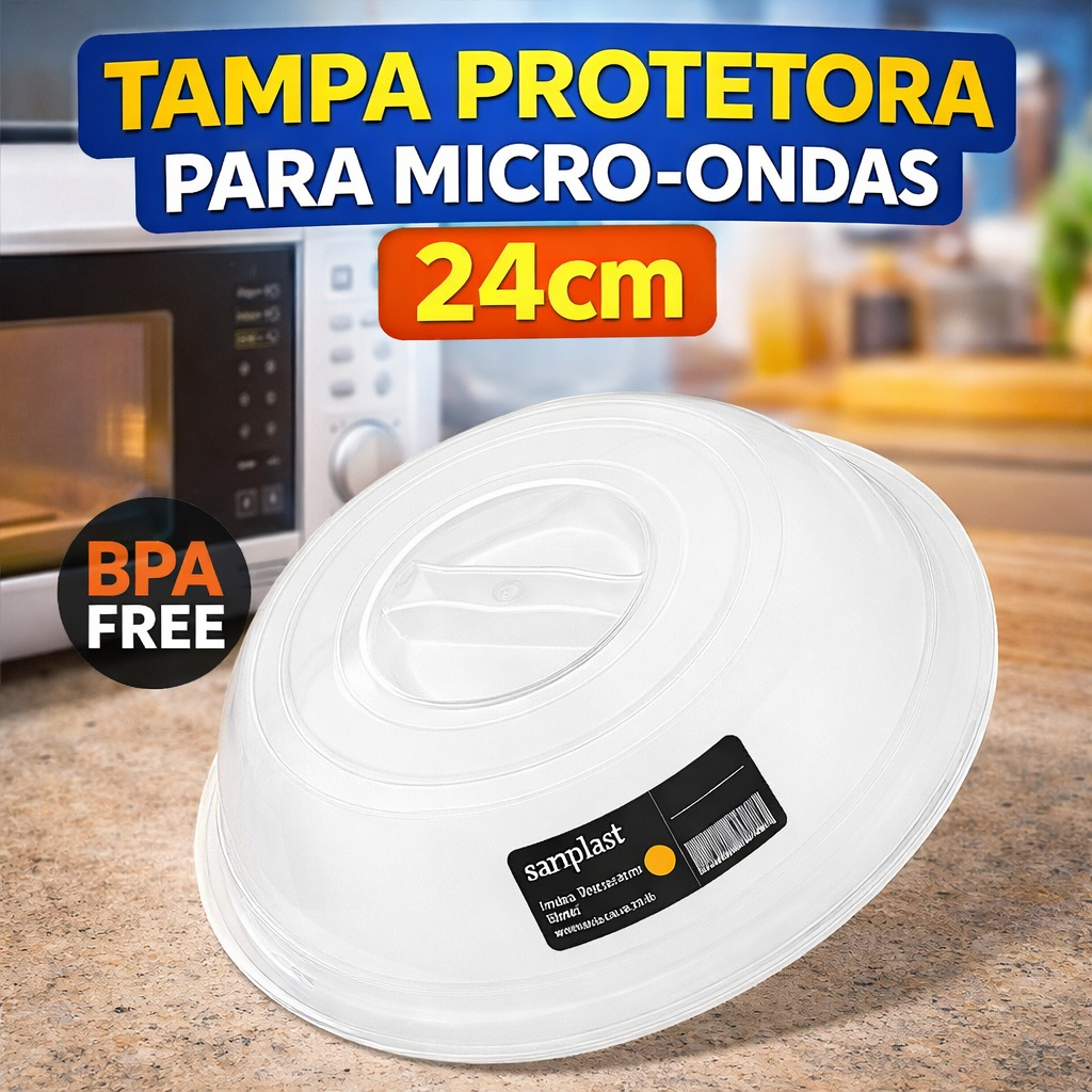 Tampa Protetora para Micro-ondas 24cm Plástica Resistente Alimentos BPA-Free Evita Respingo Fácil de Limpar