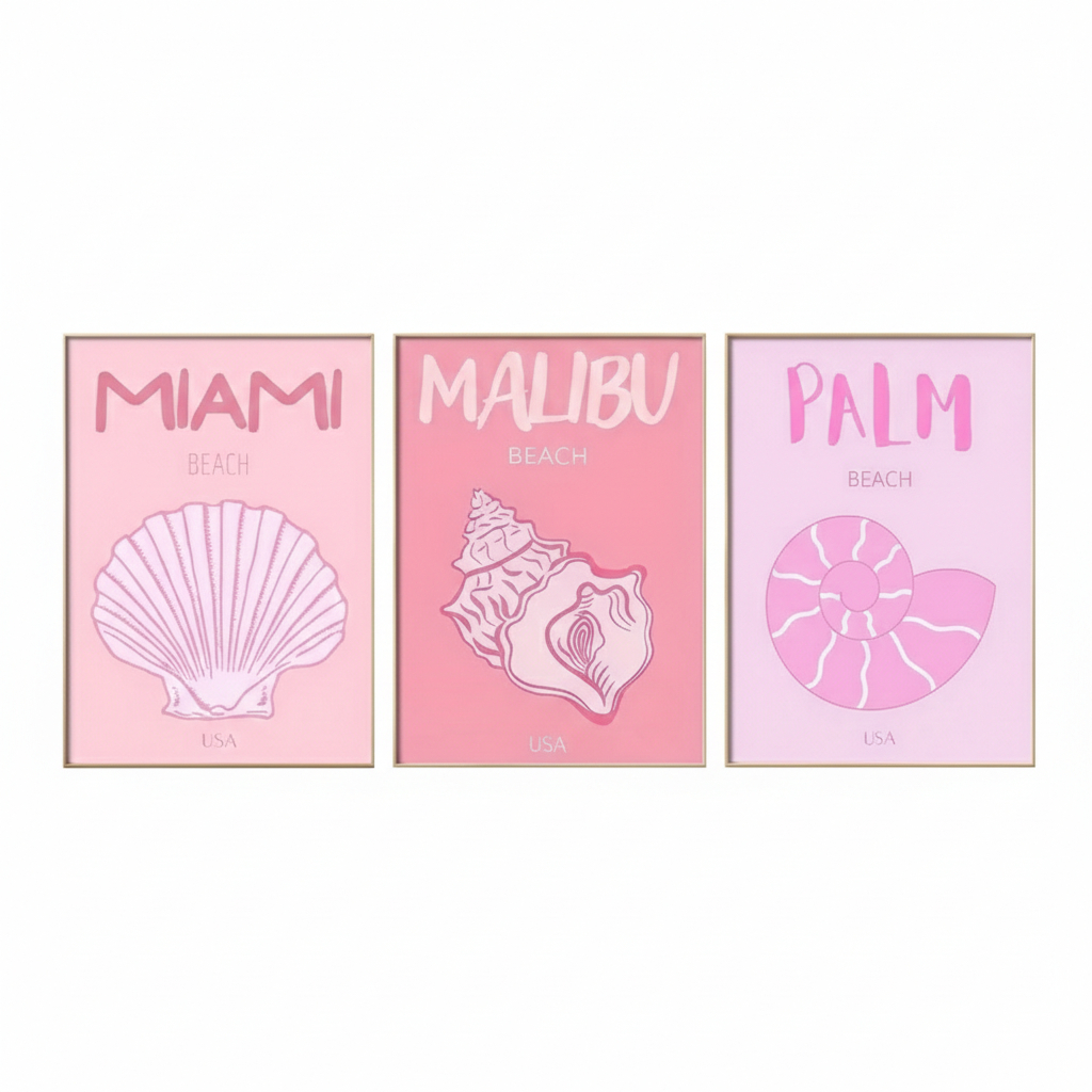 Quadros decorativos Conhchas rosa praias Miami, Malibu e Palm (3 peças)