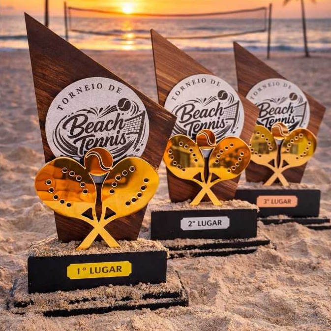 Troféus Beach Tennis, 1º, 2º e 3º 25 cm, estrutura em MDF  6 mm com acabamento em Acrílico