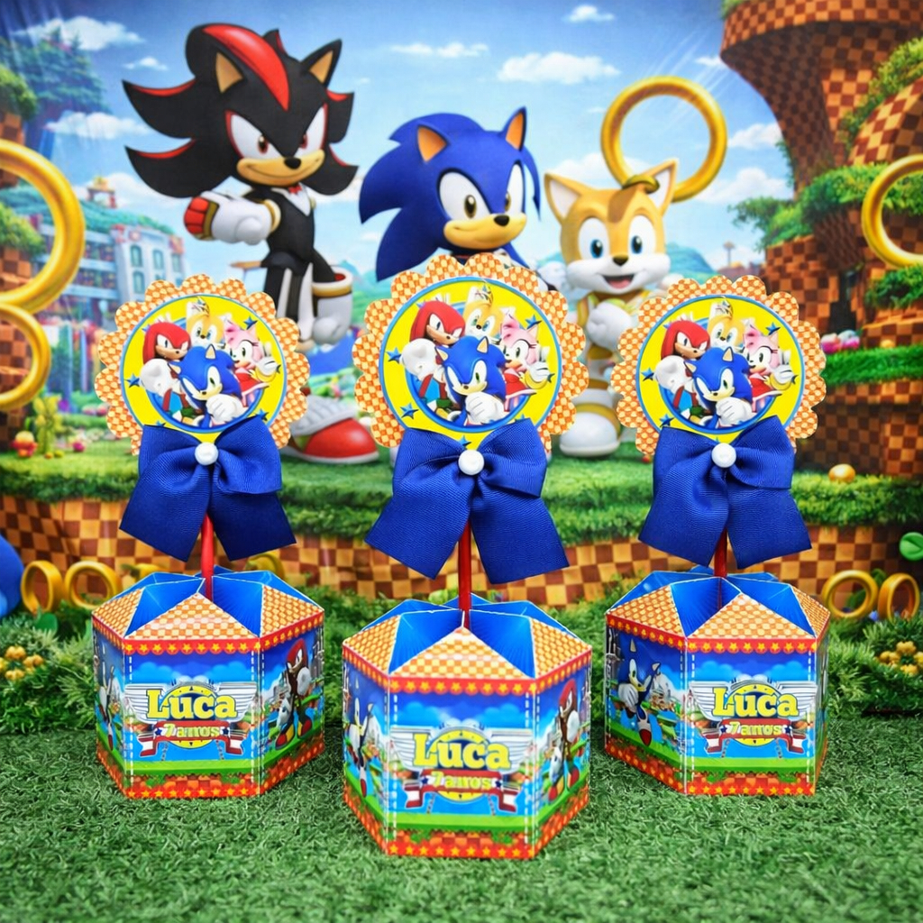 Kit de Centro de Mesa Sonic Personalizados | Arranjo Enfeite Cachepô | Lembrancinhas