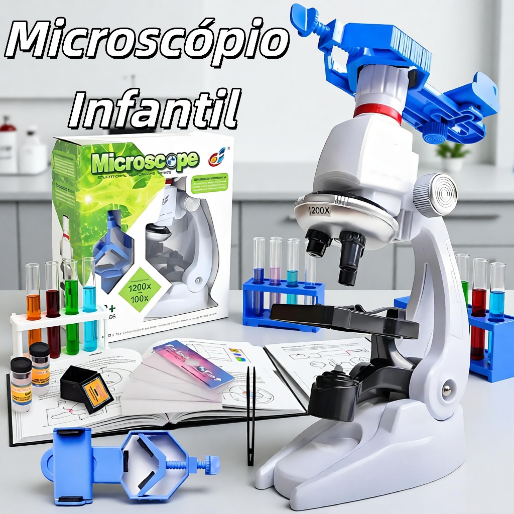 Microscópio Infantil 1200x Zoom + Acessórios - Brinquedo Educativo para Iniciação Científica