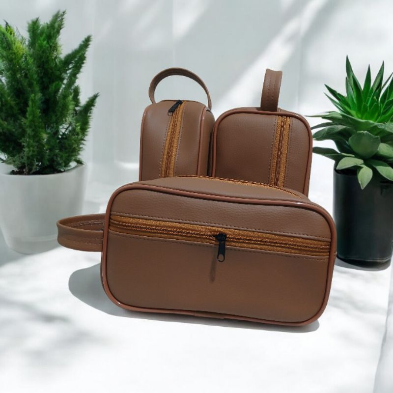 KITS DE 3 PEÇAS Necessaire Organizadora de viagem Bolsa de mão Feminina Masculino em couro sintético em Oferta na Shopee