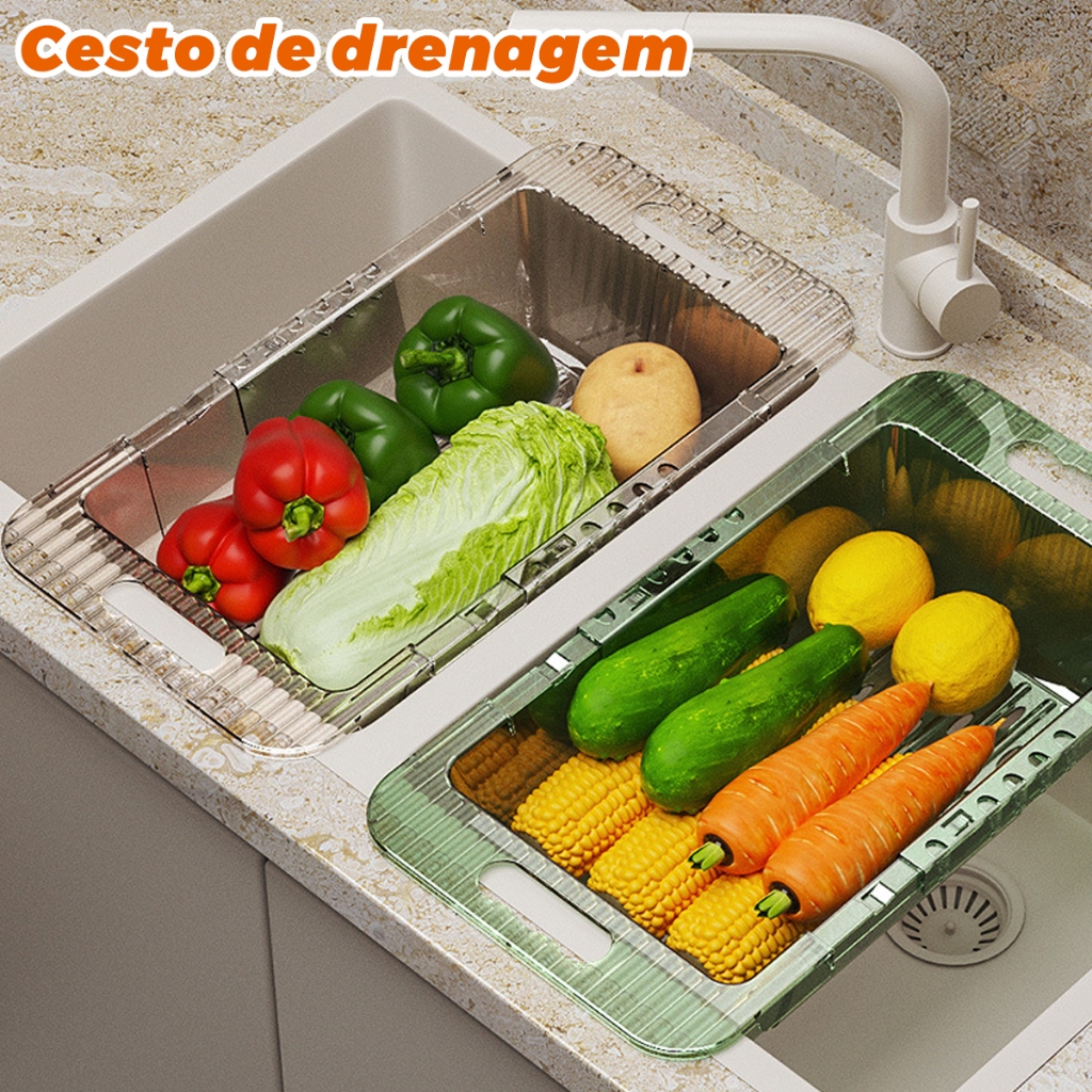 Escorredor Retrátil Cesto de Lavagem 36-46.5cm Suporta 20kg Para Massas, Frutas e Legumes