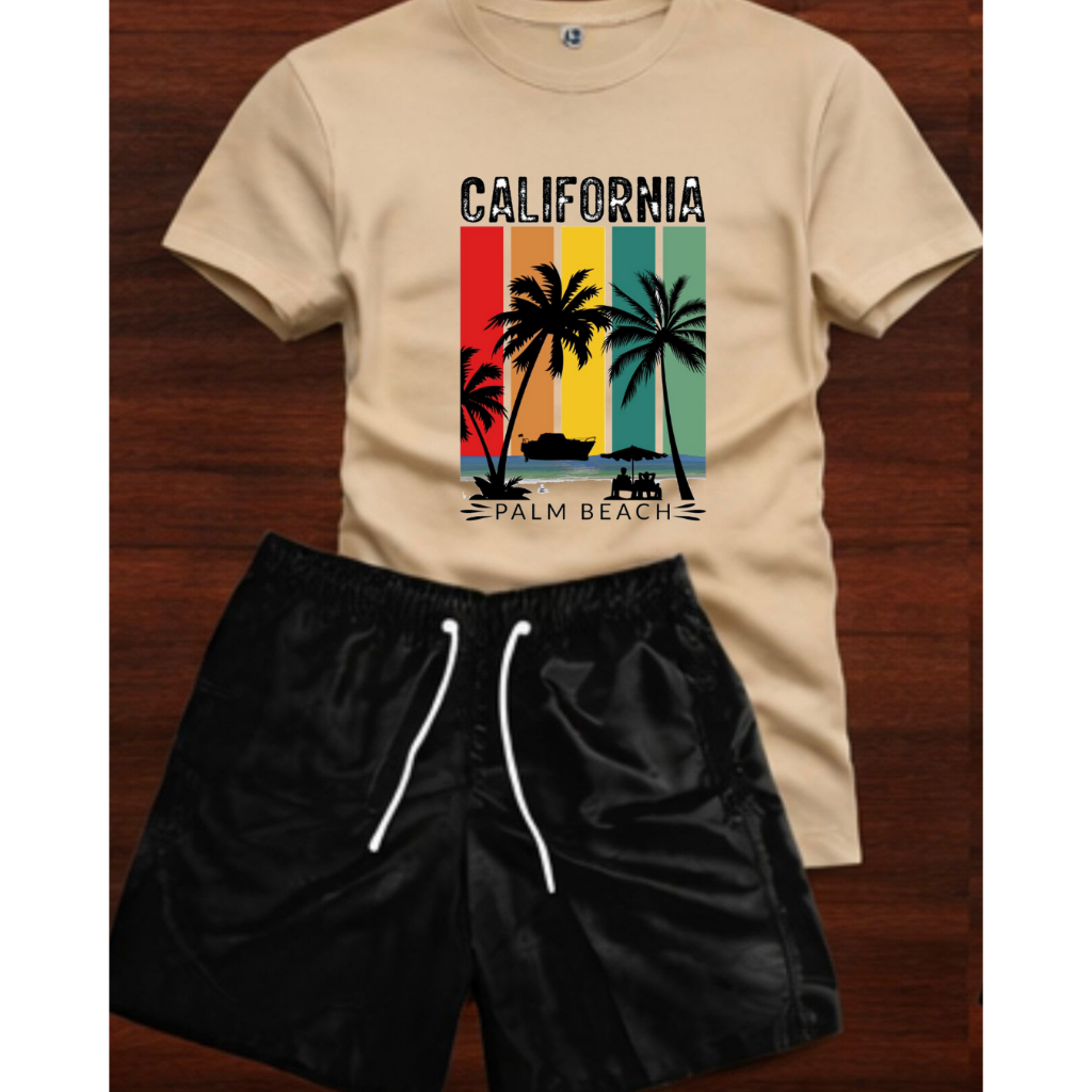 conjunto camiseta 100% algodão + bermuda short tectel masculino estampado california beach