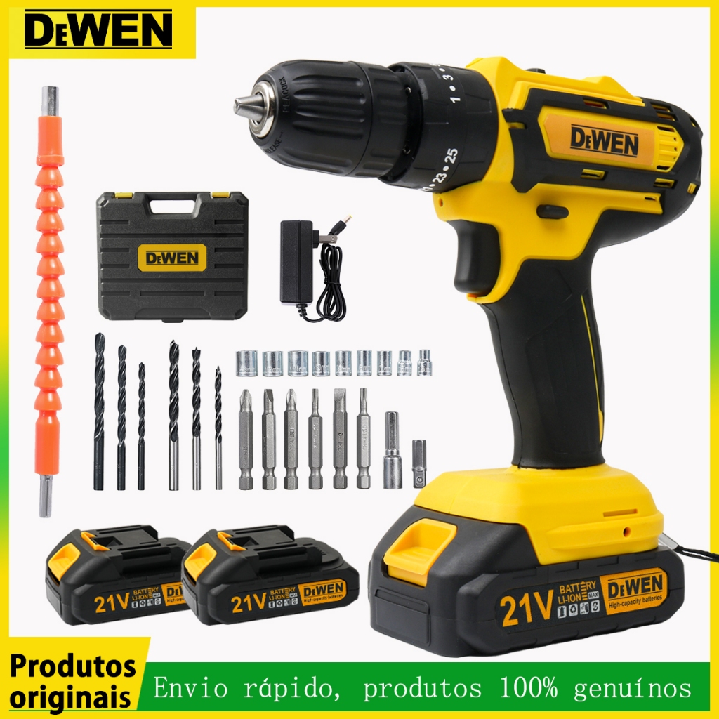 Parafusadeira Furadeira de Impacto Sem Fio Kit maleta com duas baterlas kit de 28pcs (110V/220V) em Oferta na Shopee