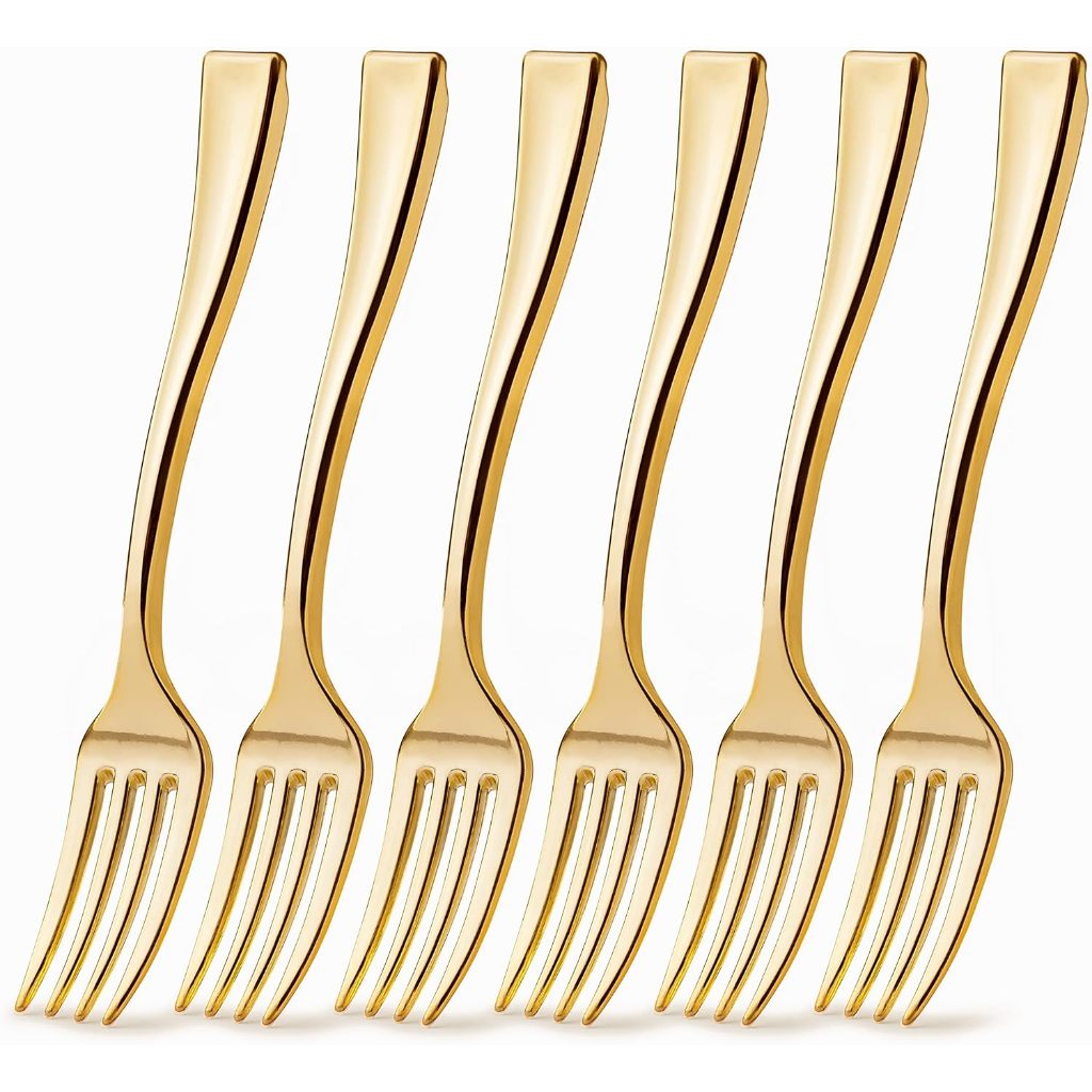 50/100 peças de mini garfos de plástico dourados para sobremesa, 9,8 cm garfos descartáveis resistentes para festas