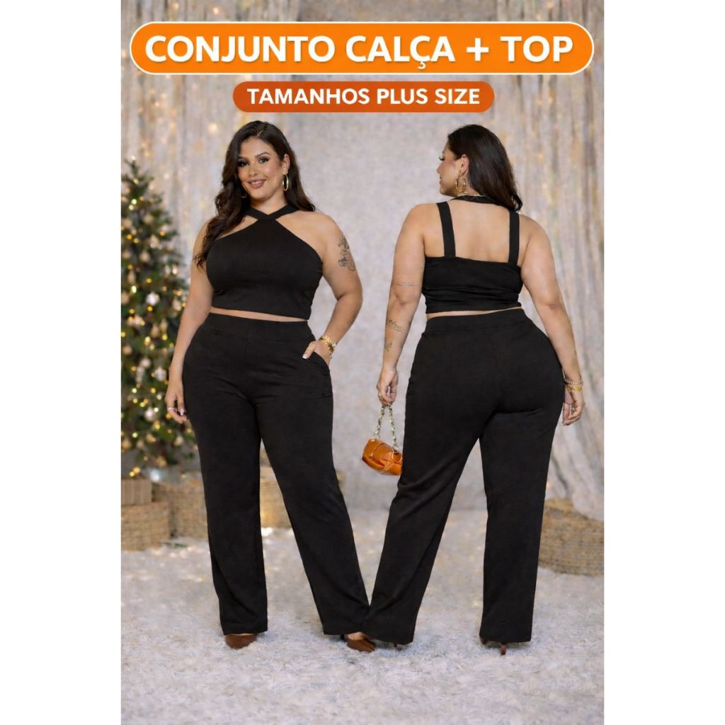 Conjunto Feminino Plus Size Malha Crepe Liverpool Premium Cropped + Calça Cintura Alta GG G1 G2 em Oferta na Shopee