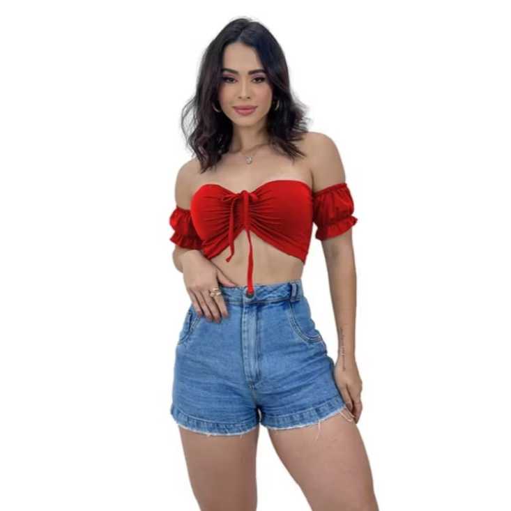 Blusa Cropped Ciganinha Feminina Ombro a Ombro Manga Curta com Bojo Suplex em Oferta na Shopee