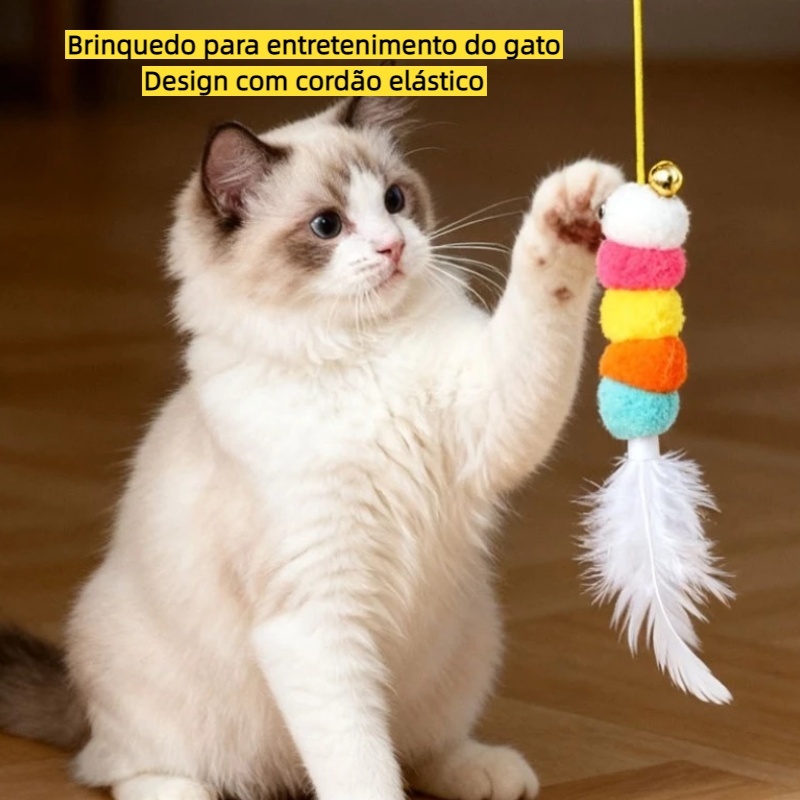 Lagarta Elástica com Ventosa e Sino para Gatos - Brinquedo Interativo com Pena para Pendurar ou Fixar