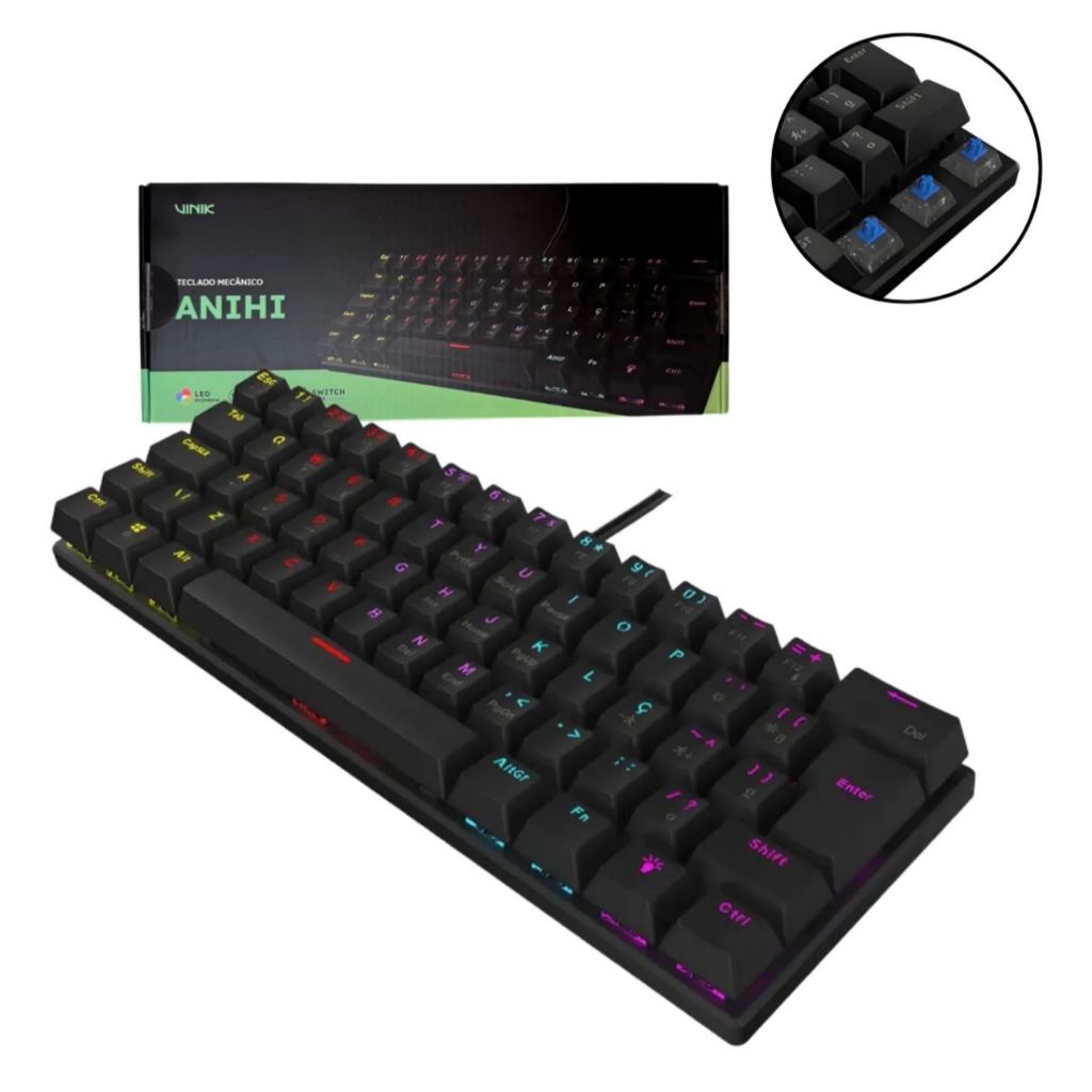 Teclado Mecânico Gamer Vinik Anihi Black 60% Switch Blue Pc Preto Português Brasil