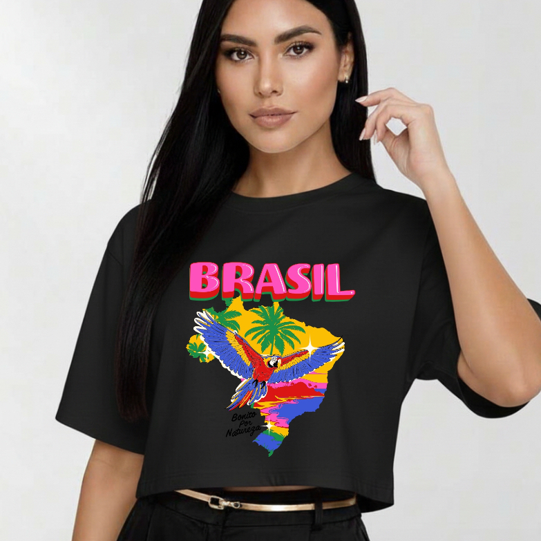 Cropped Oversized Feminino Estampa Tropical Algodão Confortável