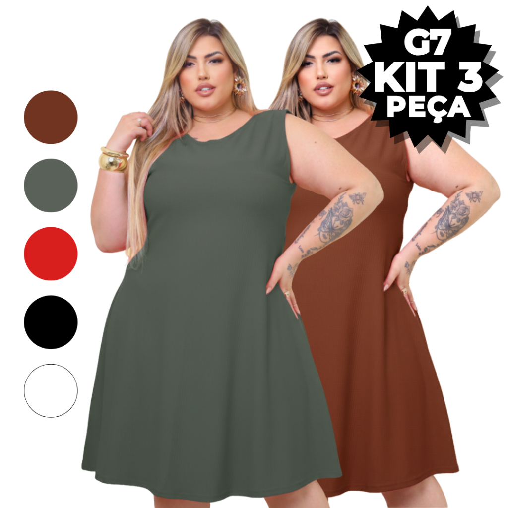 Kit 3 ou 1 Peça Vestido Plus Size G5 e G7 Malha Canelada Trabalhada