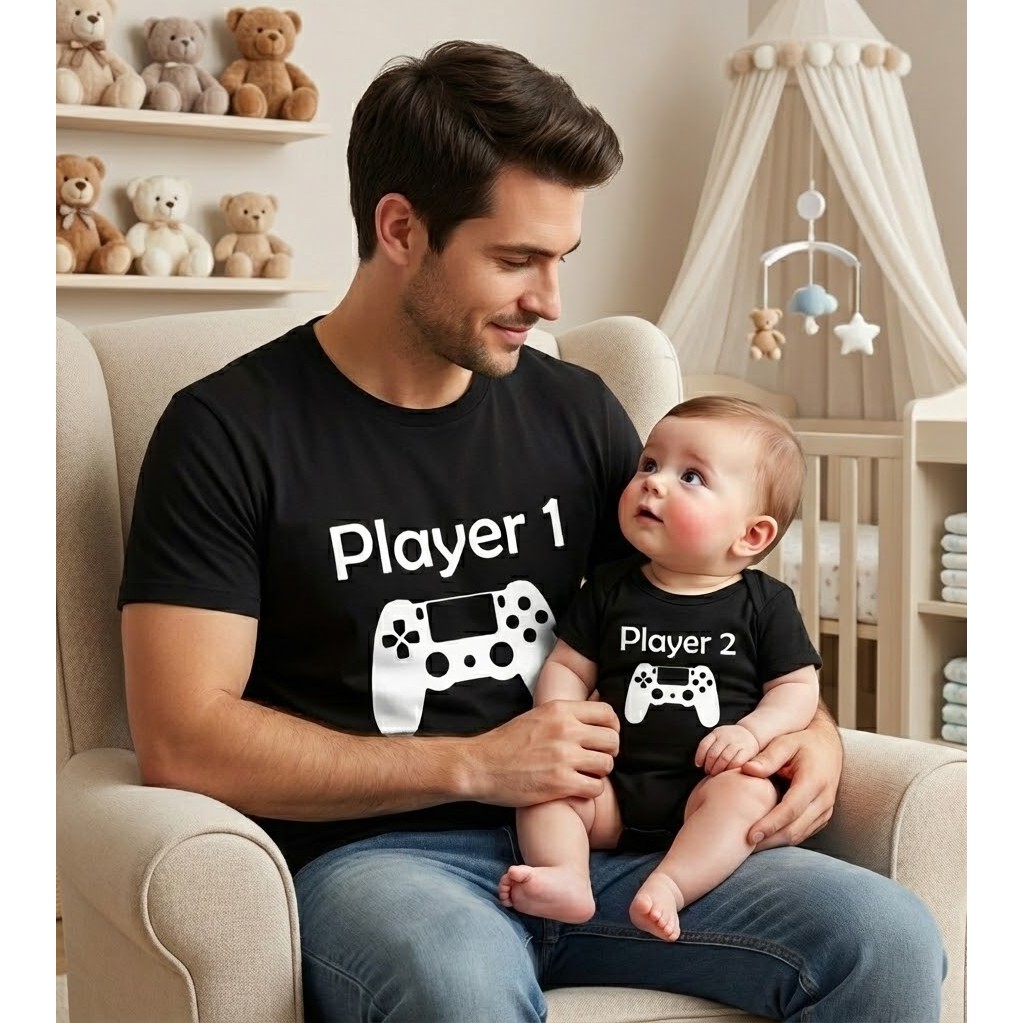 Kit Tal Pai Tal Filho Player 1 e Player 2 Papai Camiseta e Body Algodão 2 Peças