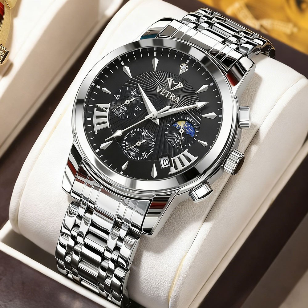 VETRA Relógio Masculino Original Cronógrafo Multifuncional a Prova d Água Presente para Homem Aço Inoxidável Preto 2892