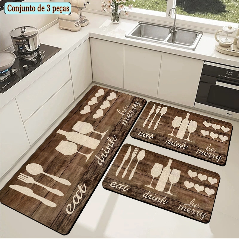 Kit 3 Tapetes de Cozinha - Borracha Antiderrapante, Super Absorvente e Secagem Rápida 90x34 cm, 60x34 cm em Oferta na Shopee