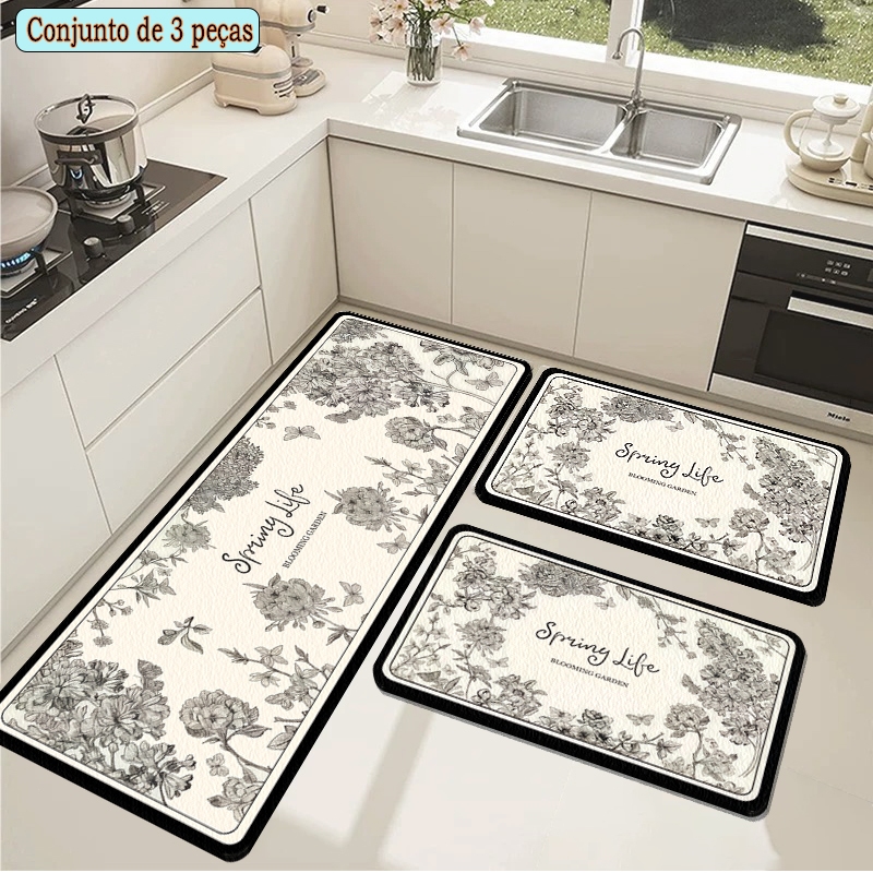 Kit 3 peças Tapetes de Cozinha - Super Absorvente Secagem Rápida Fácil de Lavar e Antiderrapante