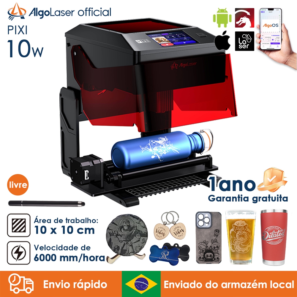 AlgoLaser PIXI 10W Preto Gravadora A Laser Área 10cm*10cm  Impressora A Gravador Corte Laser Máquina De Gravação