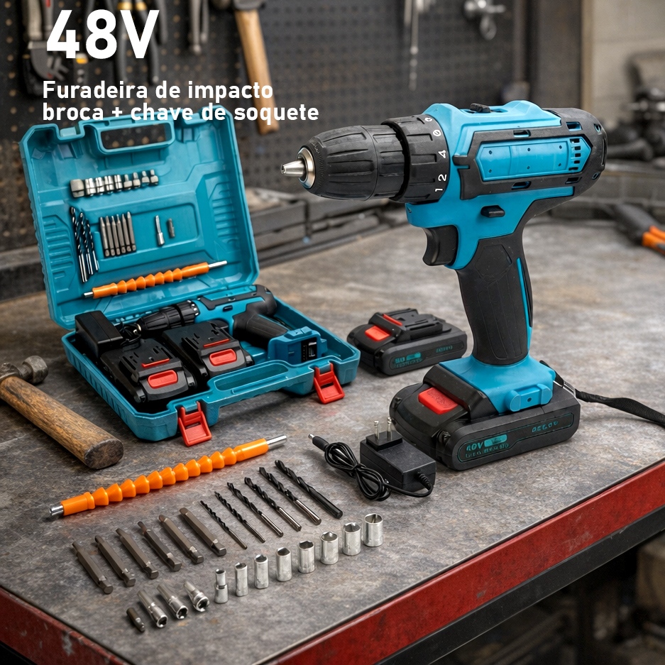 Furadeira e Parafusadeira de Impacto 48V - Alta Performance com 2 Baterias Recarregáveis e Estuche Incluso em Oferta na Shopee
