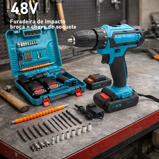 Furadeira e Parafusadeira de Impacto 48V - Alta Performance com 2 Baterias Recarregáveis e Estuche Incluso em Oferta na Shopee