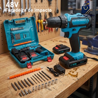 Parafusadeira de Impacto 48V/36v/24v/12v - Kit Profissional com 2 Baterias Recarregáveis Maleta e Acessórios em Oferta na Shopee