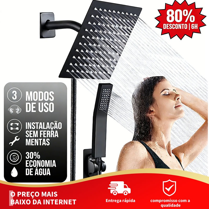 Kit Ducha Chuveiro De Banheiro 30cm Inox Quadrada Com Ducha Manual+1,5m Mangueira Preto/Cromado