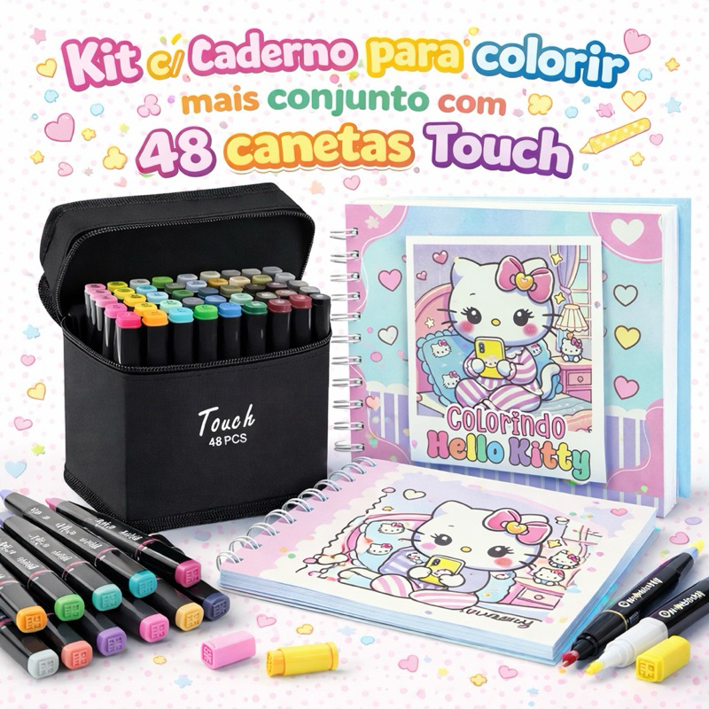 Kit Livro De Colorir Hello Kitty + Canetas de colorir touch C/48 Cores em Oferta na Shopee