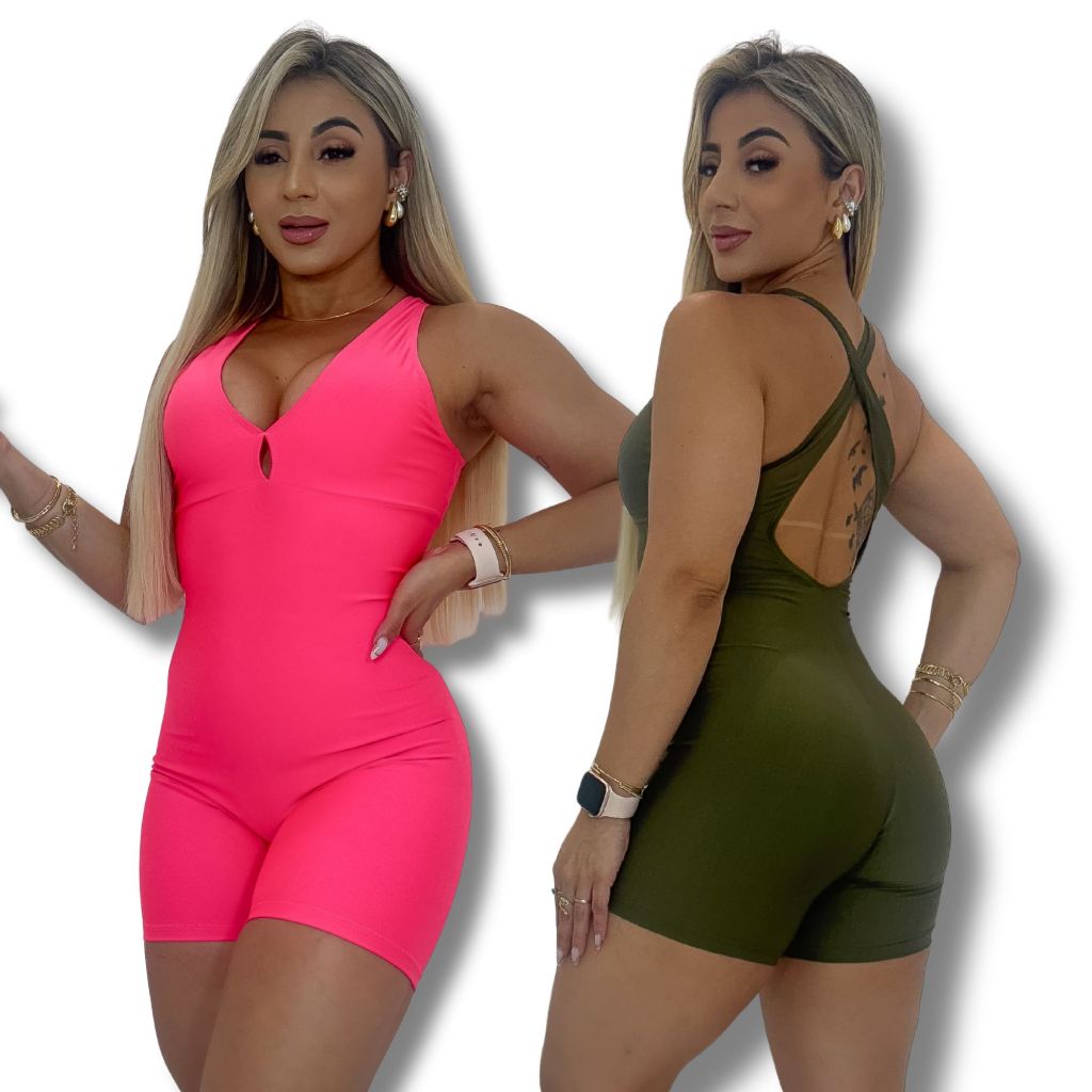 Macacão De Academia Feminino Curto Fitness Cruzadas Nas Costas Liso em Oferta na Shopee