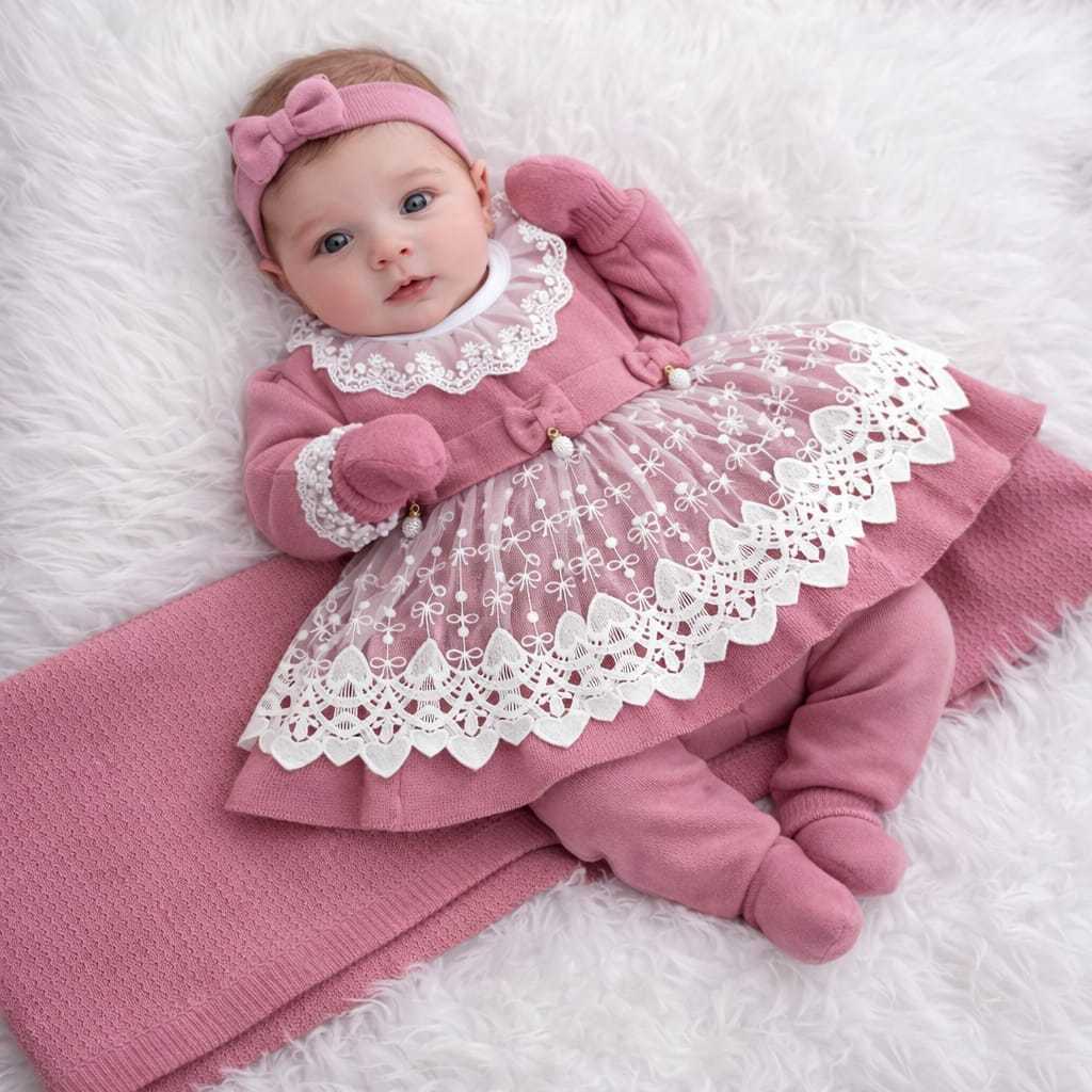 Kit Saída Maternidade Tricot 6 Peças Menina Bebê Recém Nascido Vestido Calça Manta Tiara Luvas Body em Oferta na Shopee