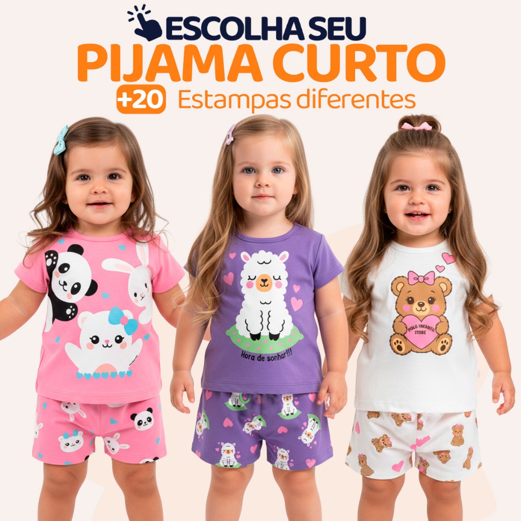 Pijama Infantil Bebê Menina Manga Curta com Estampas Fofas e Conforto Roupa para dormir Bebê Feminino Verão Calor L06