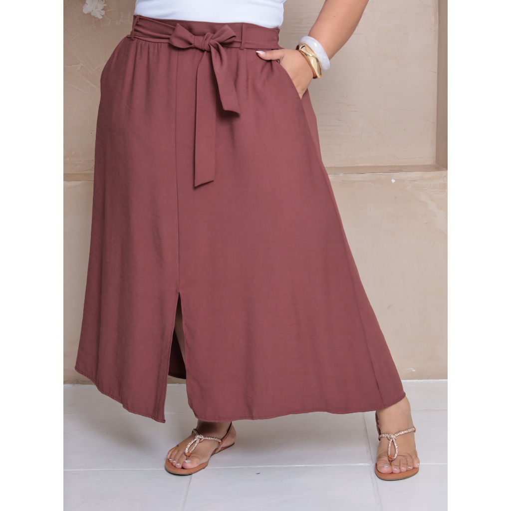 Saia Midi Plus Size evangelica com Fenda Frontal e Faixa na Cintura Alta e Bolso em Oferta na Shopee