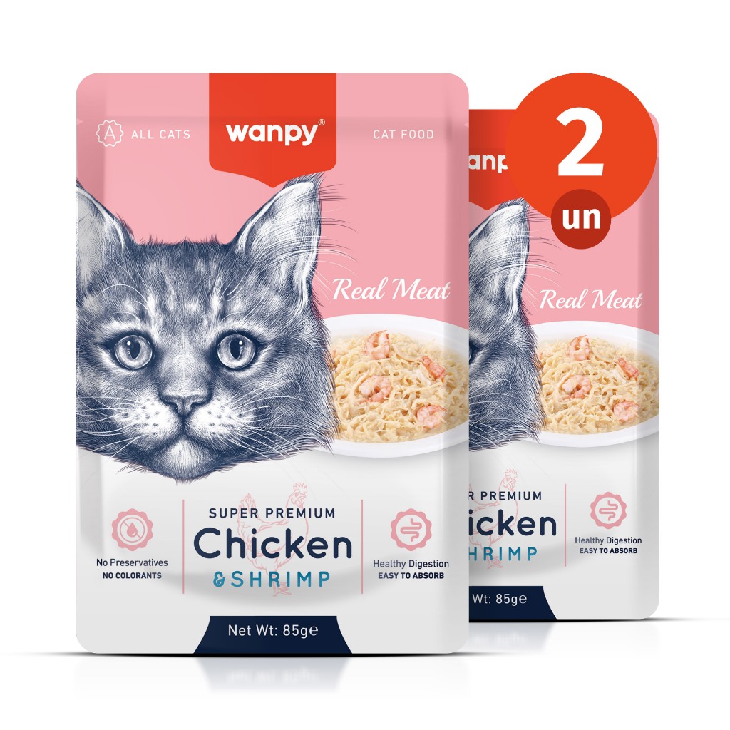 Kit 2 Truly Wanpy Petisco Sachê para Gatos Sabor Frango e Camarão 85g