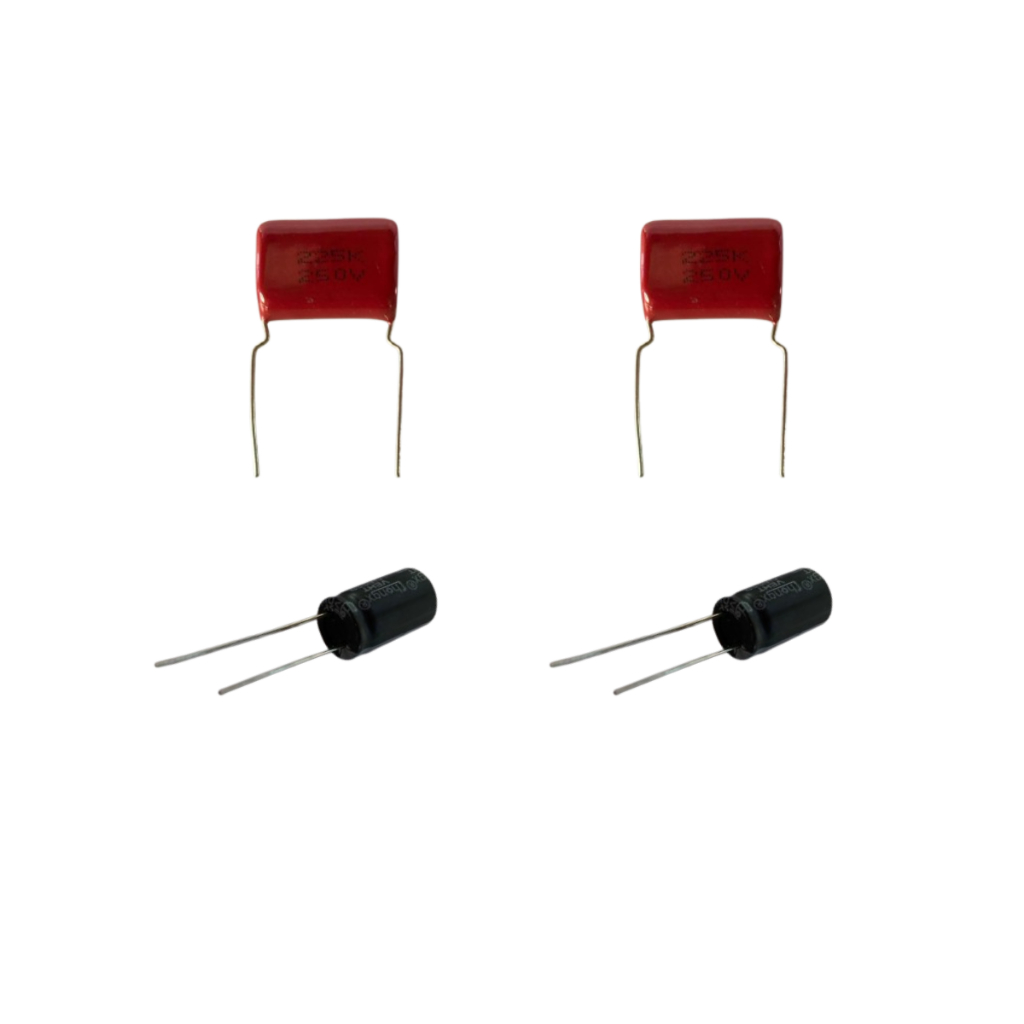 2 Capacitores de Poliester Para Tweeter - 2M2 x 250V + 2 Capacitores de Eletolitico Para Driver 22uF x 250V