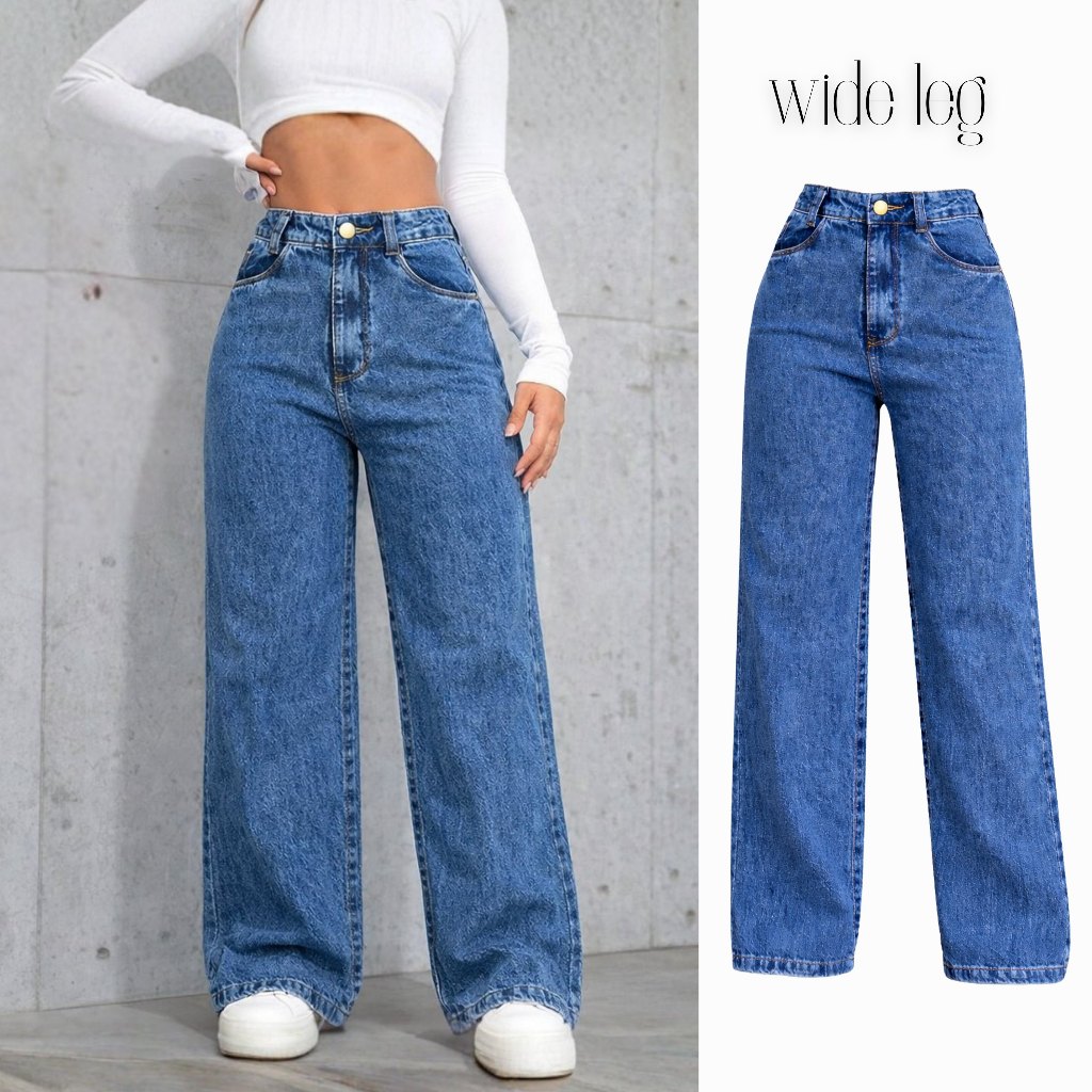 Calça Jeans 100% Wide Leg Mulher Moderna Dia Dia Trabalho