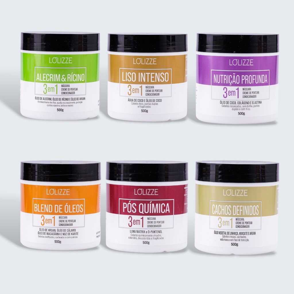 Máscara, Creme de Pentear e Condicionador 3 em 1/Cachos, Lisos, Nutrição e Brilho - Lolizze 500g