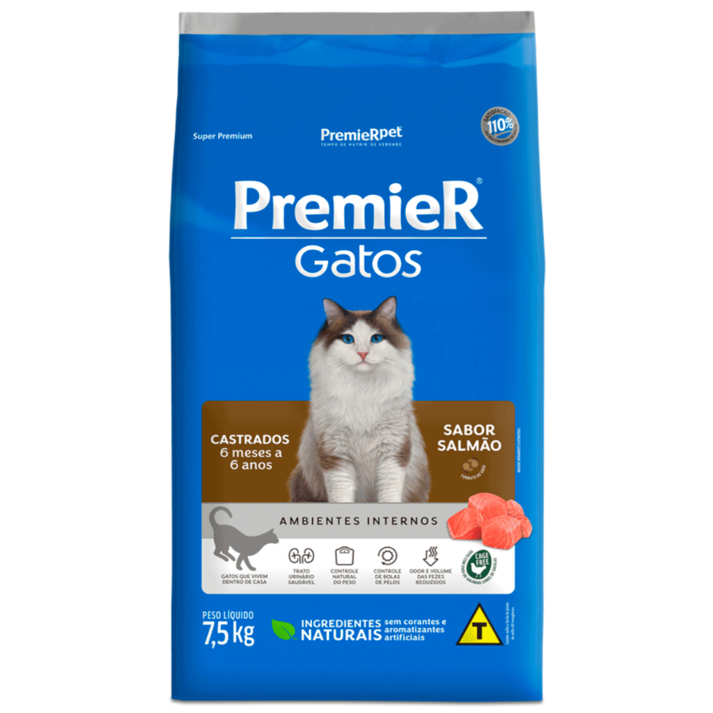 Premier Ração Gatos Castrados 6 Meses A 6anos Salmão 7,5kg
