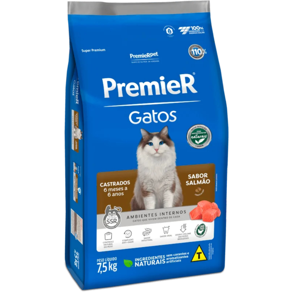 Premier Ração Gatos Castrados 6 Meses A 6 Anos Sabor  Salmão 7,5kg