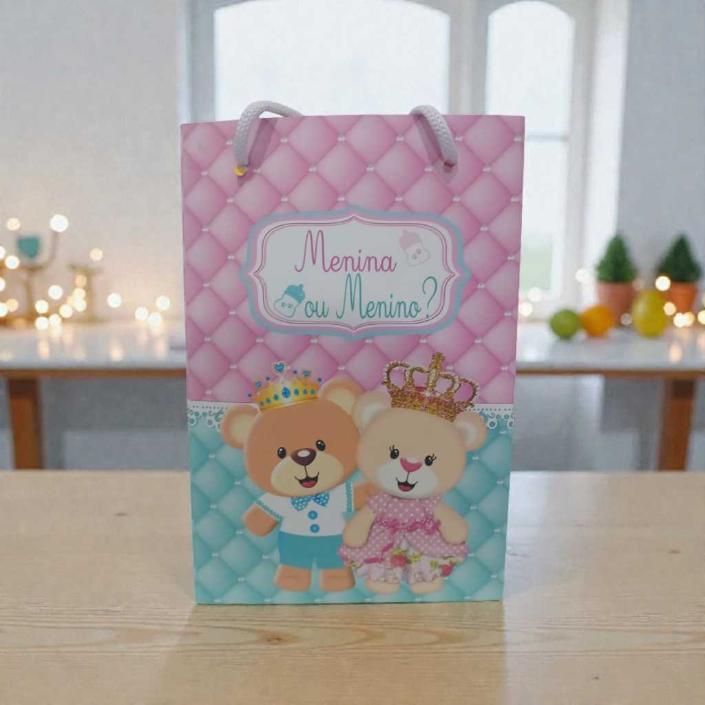 Sacolinha Personalizada com nome 13x20 CHÁ REVELAÇÃO URSINHOS REALEZA Festa Lembrancinha Personalizada