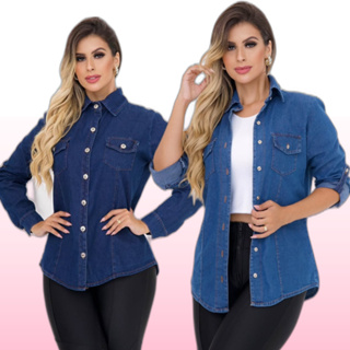 Camisa Jeans Tradicional Feminina de frio Manga Longa com Detalhes Bolsos Frontais botões em Oferta na Shopee