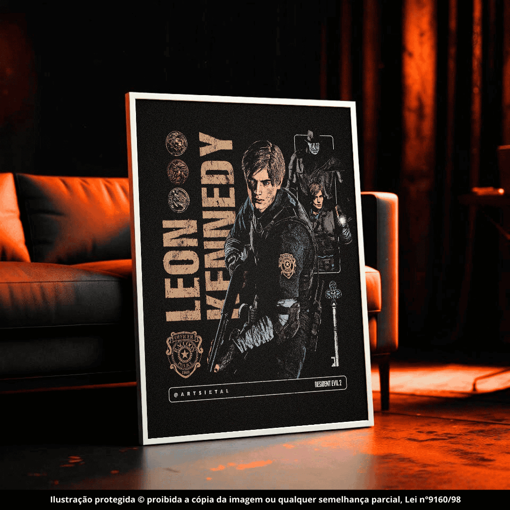 Quadro Decorativo 80x110cm Resident Evil 2 Remake Leon Kennedy Decoração Parede Luxo Sala Quarto