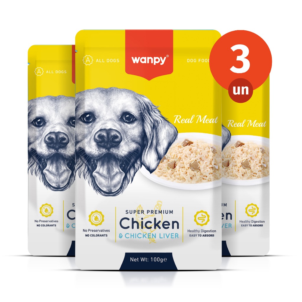 Kit 3 Truly Wanpy Petisco Sachê para Cães Sabor Frango e Fígado de Frango 100g