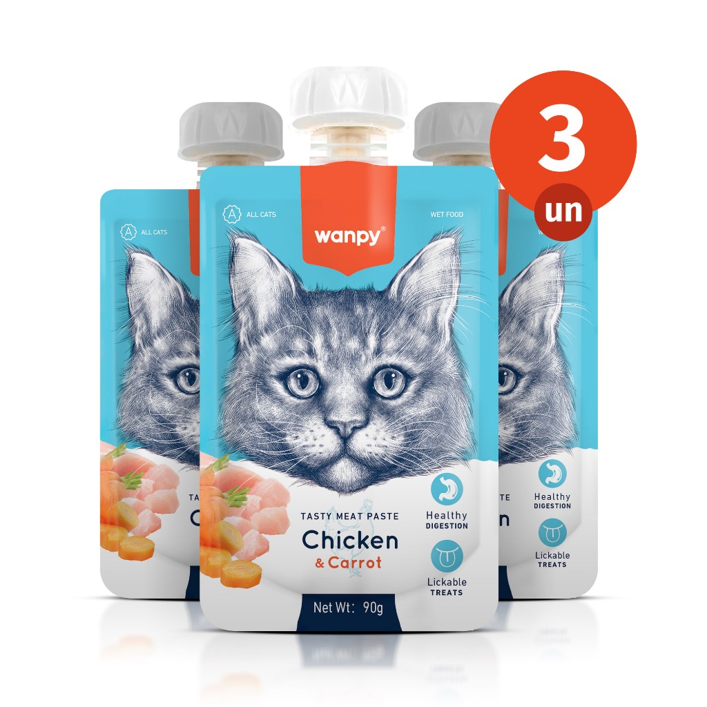 Kit 3 Truly Wanpy Petisco Creamy para Gatos Sabor Frango e Cenoura 90g
