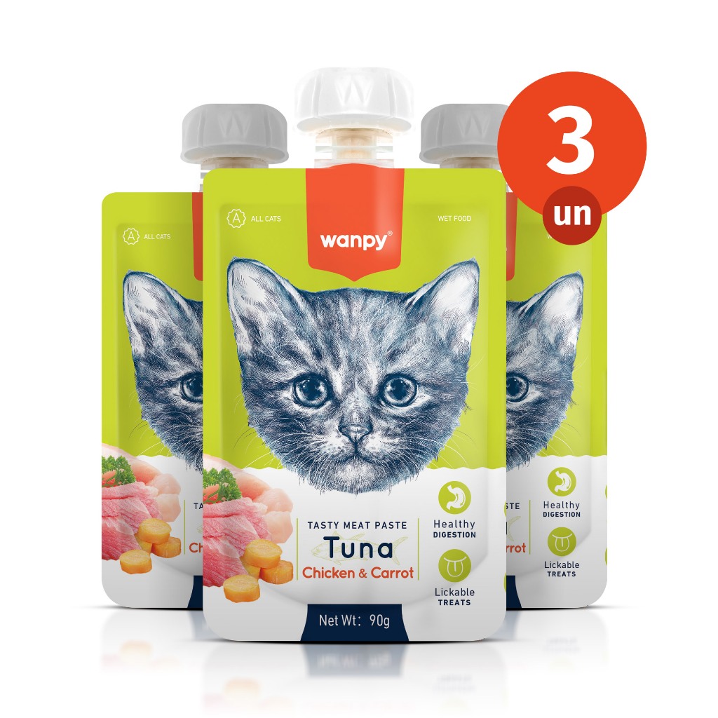 Kit 3 Truly Wanpy Petisco Creamy para Gatos Sabor Atum, Frango e Cenoura 90g