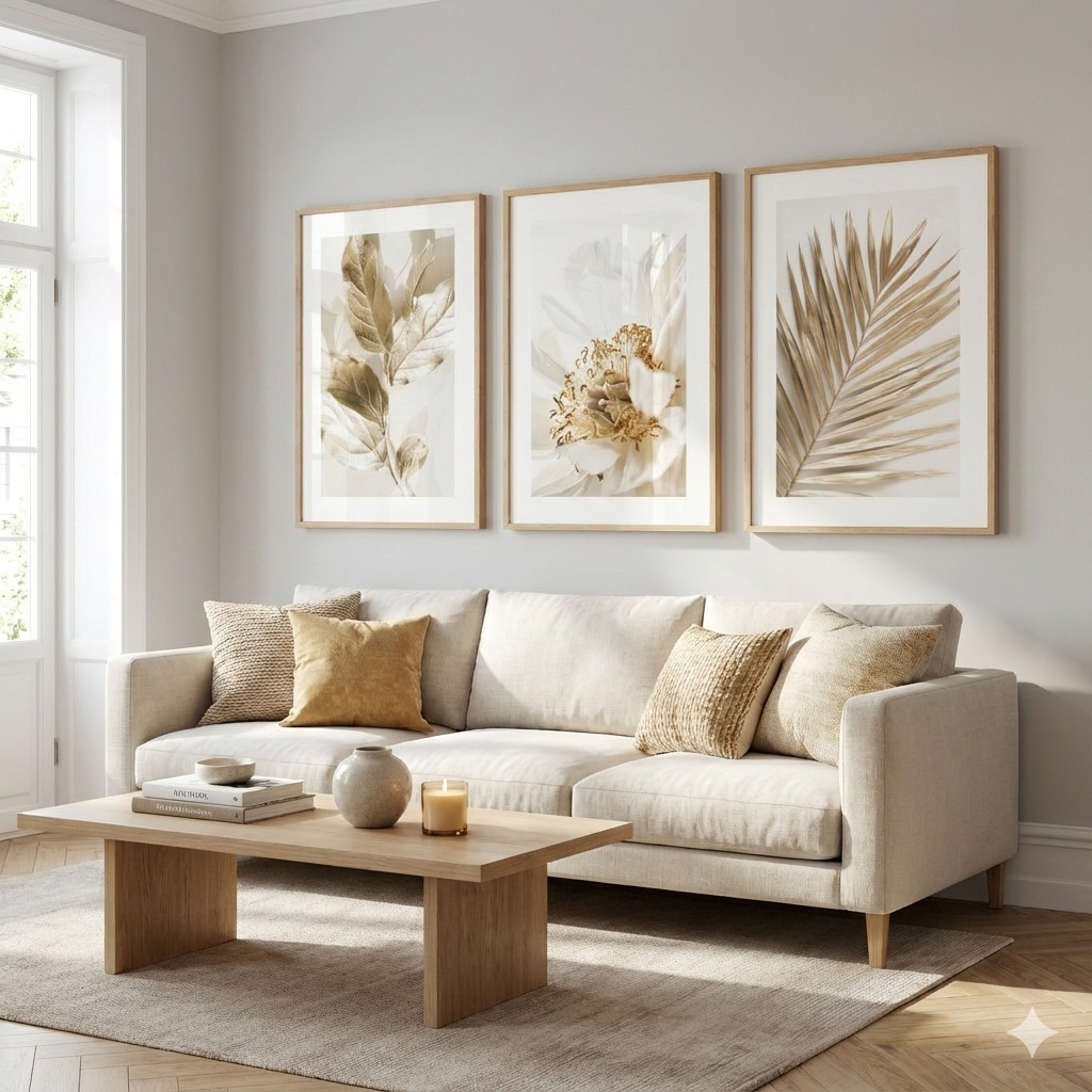 Kit Quadros Decorativo 3 peças 120X60 MDF Folhagem Dourada Gold Decoração Moderna Sala Hall Entrada