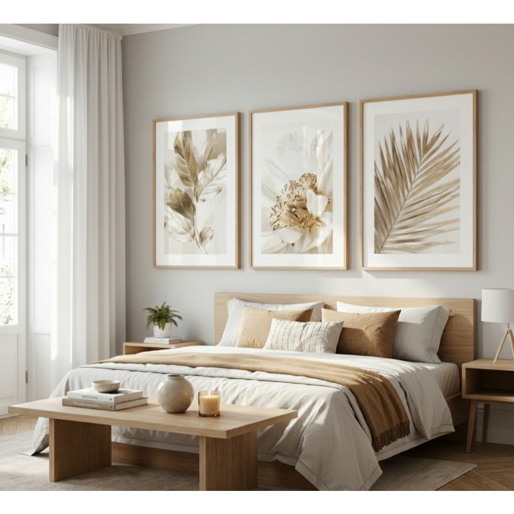 Kit Quadros Decorativo 3 peças 60×40 Mosaico MDF FULL HD Abstrato Folhas Dourada Decoração Sala Hall