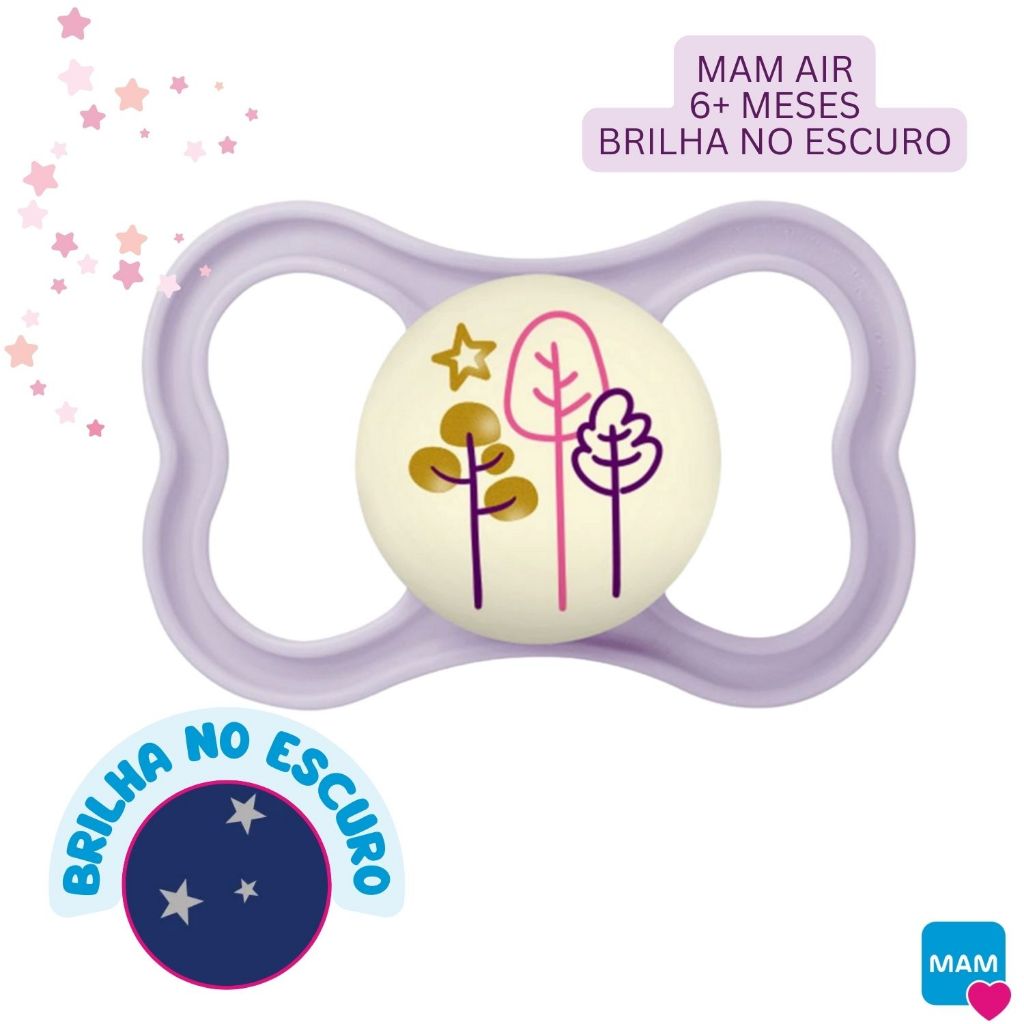 Chupeta MAM Air Night 6+ Menina Bico Silicone Skinsoft com Caixa Esterilizar e Transporte Bico Bebê Menina Rosa